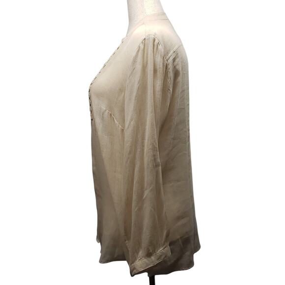 Krazy Kat Womens XL Light Khaki Cotton Tunic Top Crochet Button Front Boho Style - Picture 4 of 12